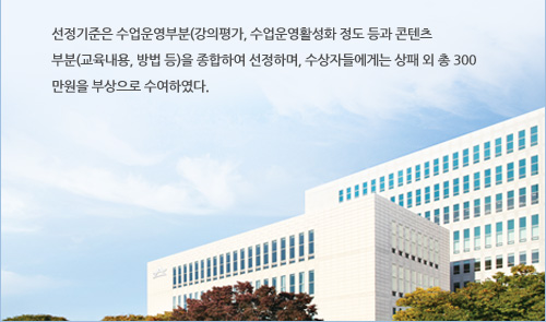 선정기준은 수업운영부분(강의평가, 수업운영활성화 정도 등과 콘텐츠 부분(교육내용, 방법 등)을 종합하여 선정하며, 수상자들에게는 상패 외 총 300만원을 부상으로 수여하였다. 