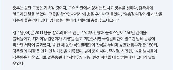 춤추는 동안 고통은 계속될 것이다. 토슈즈 안에서 상처는 덧나고 짓무를 것이다. 흉측하게 일그러진 발을 보았다. 고통을 참으면서까지 왜 춤을 추느냐고 물었다. “엄홍길 대장에게 왜 산을 타는지 물은 적이 있다. 엄 대장이 묻더라. 너는 왜 춤을 추느냐고….”  김주원(34)은 2011년을 ‘발레의 해’로 만든 주역이다. 영화 ‘블랙스완’이 150만 관객을 불러들이고, 피겨여왕 김연아가 ‘지젤’을 들고 귀환했지만 국립발레단이 일으킨 발레 돌풍에 비하면 서막에 불과했다. 올 한 해 동안 국립발레단이 전국을 누비며 공연한 횟수가 총 150회. 김주원의 ‘지젤’은 전회 전석 매진을 기록했다. 발레뿐 아니다. 뮤지컬, 사진전, TV를 넘나들며 김주원은 대중 스타로 발돋움했다. “지방 공연 가면 완전 아이돌 대접 받는다”며 그녀가 깔깔 웃었다.