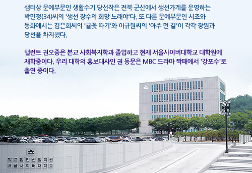 샘터상 문예부문인 생활수기 당선작은 전북 군산에서 생선가게를 운영하는 박민정(34)씨의 생선 장수의 희망 노래야다. 또 다른 문예부문인 시조와 동화에서는 김은희씨의 귤꽃 따기와 이규원씨의 아주 먼 길이 각각 장원과 당선을 차지했다.탤런트 권오중은 본교 사회복지학과 졸업하고 현재 서울사이버대학교 대학원에 재학중이다. 우리 대학의 홍보대사인 권 동문은 MBC 드라마 짝패에서 강포수로출연 중이다.