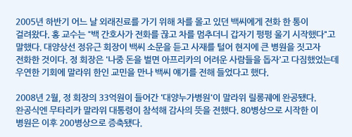 2005년 하반기 어느 날 외래진료를 가기 위해 차를 몰고 있던 백씨에게 전화 한 통이 걸려왔다. 홍 교수는 백 간호사가 전화를 끊고 차를 멈추더니 갑자기 펑펑 울기 시작했다고 말했다. 대양상선 정유근 회장이 백씨 소문을 듣고 사재를 털어 현지에 큰 병원을 짓고자 전화한 것이다. 정 회장은 '나중 돈을 벌면 아프리카의 어려운 사람들을 돕자'고 다짐했었는데 우연한 기회에 말라위 한인 교민을 만나 백씨 얘기를 전해 들었다고 했다.  2008년 2월, 정 회장의 33억원이 들어간 '대양누가병원'이 말라위 릴롱궤에 완공됐다. 완공식엔 무타리카 말라위 대통령이 참석해 감사의 뜻을 전했다. 80병상으로 시작한 이 병원은 이후 200병상으로 증축됐다.