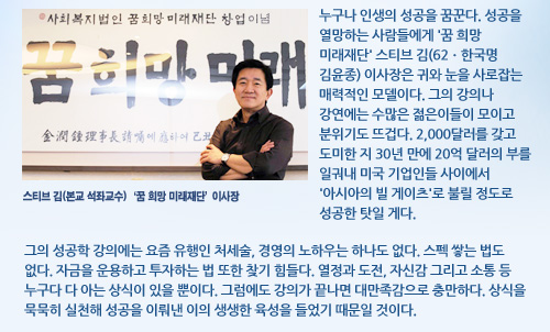 스티브 김(본교 석좌교수)'꿈 희망 미래재단'이사장 누구나 인생의 성공을 꿈꾼다. 성공을 열망하는 사람들에게 '꿈 희망 미래재단' 스티브 김(62ㆍ한국명 김윤종) 이사장은 귀와 눈을 사로잡는 매력적인 모델이다. 그의 강의나 강연에는 수많은 젊은이들이 모이고 분위기도 뜨겁다. 2,000달러를 갖고 도미한 지 30년 만에 20억 달러의 부를 일궈내 미국 기업인들 사이에서 '아시아의 빌 게이츠'로 불릴 정도로 성공한 탓일 게다.   그의 성공학 강의에는 요즘 유행인 처세술, 경영의 노하우는 하나도 없다. 스펙 쌓는 법도 없다. 자금을 운용하고 투자하는 법 또한 찾기 힘들다. 열정과 도전, 자신감 그리고 소통 등 누구다 다 아는 상식이 있을 뿐이다. 그럼에도 강의가 끝나면 대만족감으로 충만하다. 상식을 묵묵히 실천해 성공을 이뤄낸 이의 생생한 육성을 들었기 때문일 것이다.