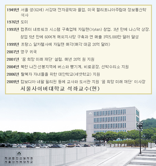 1949년 서울 생(62세) 서강대 전자공학과 졸업, 미국 캘리포니아주립대 정보통신학 석사 1976년 도미 1993년 컴퓨터 네트워크 시스템 구축업체 자일랜(Xylan) 창업. 3년 만에 나스닥 상장. 창업 5년 만에 60여개 해외지사망 구축과 연 매출 3억5,000만 달러 달성 1999년 프랑스 알카텔사에 자일랜 매각(매각 대금 20억 달러) 2007년 영구 귀국 2001년 '꿈 희망 미래 재단' 설립. 매년 20억 원 지원 2004년 북한 나진·선봉지역에 버스와 빵기계, 비료공장, 선박수리소 지원 2006년 탈북자 자녀들을 위한 대안학교(세넷학교) 지원 2009년 캄보디아 네팔 필리핀 등에 교사와 도서관 지원 '꿈 희망 미래 재단' 이사장, 서울사이버대 석좌교수(현)