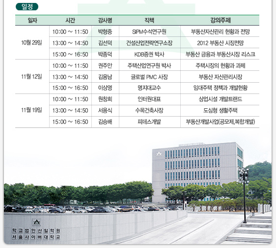 일정  일자 시간 강사명 직책 강의주제 10월 29일 10:00 ~ 11:50 박형중 SIPM수석연구원 부동산자산관리 현황과 전망  10월 29일 13:00 ~ 14:50 김선덕 건설산업전략연구소장 2012 부동산 시장전망  10월 29일 15:00 ~ 16:50 박종덕 KDB증권 박사 부동산 금융과 부동산시장 리스크  11월 12일 10:00 ~ 11:50 권주안 주택산업연구원 박사 주택시장의 현황과 과제  11월 12일 13:00 ~ 14:50 김용남 글로벌 PMC 사장 부동산 자산관리시장  11월 12일 15:00 ~ 16:50 이상영 명지대교수 임대주택 정책과 개발현황  11월 19일 10:00 ~ 11:50 원창희 인터원대표 상업시설 개발트랜드  11월 19일 13:00 ~ 14:50 서용식 수목건축사장 도심형 생활주택  11월 19일 15:00 ~ 16:50 김승배 피데스개발 부동산개발사업(공모제,복합개발)   