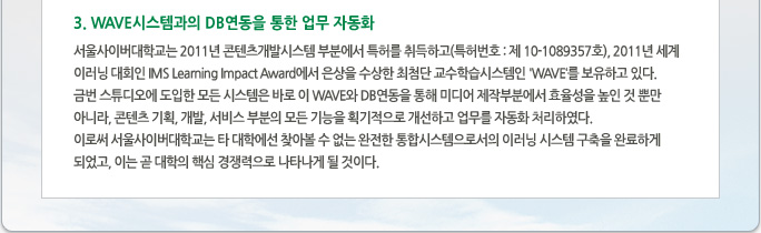 3.WAVE시스템과의 DB연동을 통한 업무 자동화  서울사이버대학교는 2011년 콘텐츠개발시스템 부분에서 특허를 취득하고(특허번호 : 제 10-1089357호), 2011년 세계 이러닝 대회인 IMS Learning Impact Award에서 은상을 수상한 최첨단 교수학습시스템인 'WAVE'를 보유하고 있다.  금번 스튜디오에 도입한 모든 시스템은 바로 이 WAVE와 DB연동을 통해 미디어 제작부분에서 효율성을 높인 것 뿐만 아니라, 콘텐츠 기획, 개발, 서비스 부분의 모든 기능을 획기적으로 개선하고 업무를 자동화 처리하였다.  이로써 서울사이버대학교는 타 대학에선 찾아볼 수 없는 완전한 통합시스템으로서의 이러닝 시스템 구축을 완료하게 되었고, 이는 곧 대학의 핵심 경쟁력으로 나타나게 될 것이다. 