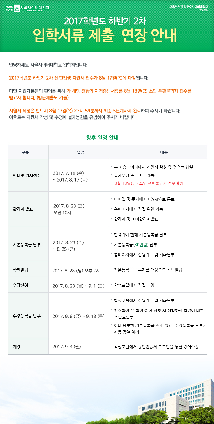 2017학년도 하반기 2차 입학서류 제출 연장 안내