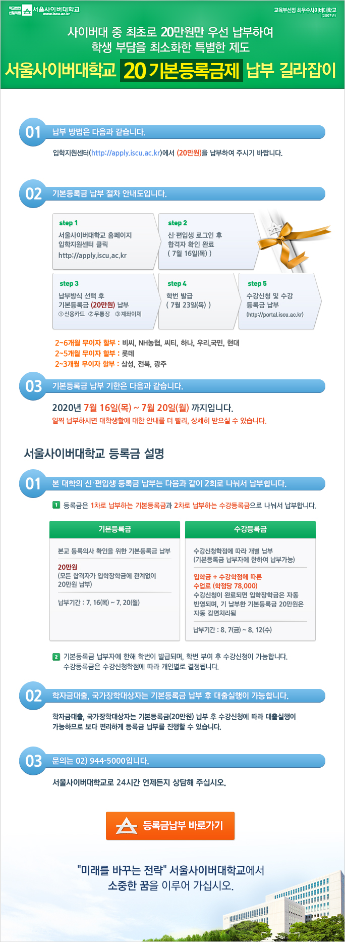 사이버대 최초 20 기본등록금제 안내